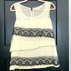 LOFT Lacy, Ruffled, Tiered Tank Top in Cream, Black and White. Size Medium.